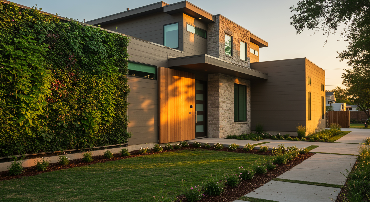 Modern Austin home featuring 2025 remodeling trends: living wall, natural materials, and smart technology integration